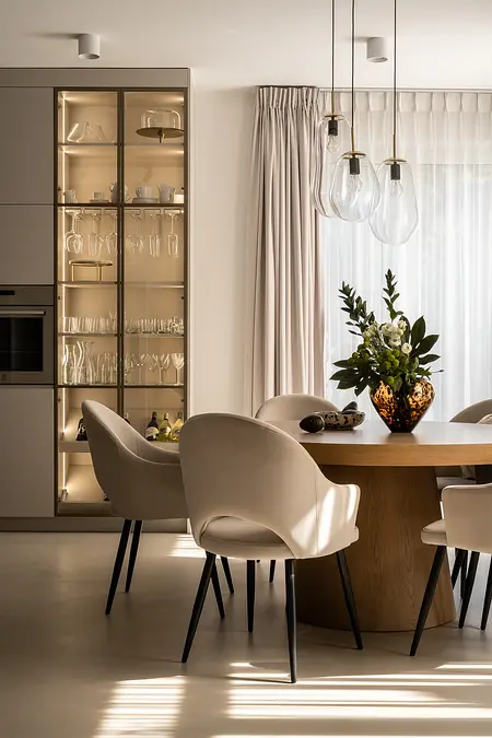 Wnętrze jadalni z okrągłym stołem, styl minimaluxe, quiet luxury, soft minimalizm.