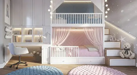 Pokój dziecięcy w stylu soft minimalizm z łóżkiem piętrowym i biurkiem.