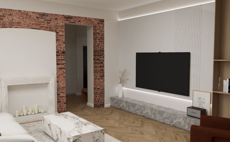 Wnętrze salonu z ceglaną ścianą, szarym kominkiem i telewizorem