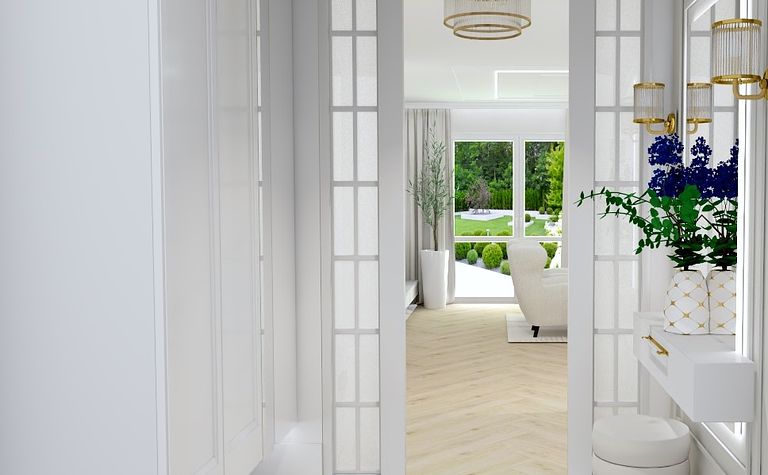 Przedpokój w stylu glamour i współczesnym z białymi meblami.