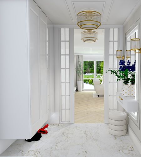 Przedpokój w stylu glamour i współczesnym z białymi meblami.