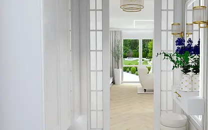 Przedpokój w stylu glamour i współczesnym z białymi meblami.