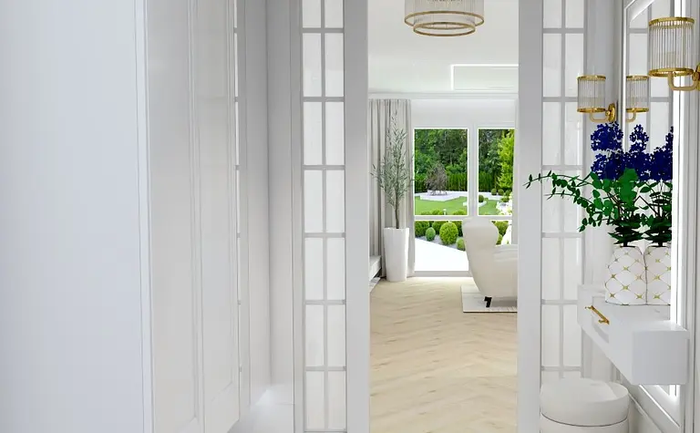 Przedpokój w stylu glamour i współczesnym z białymi meblami.