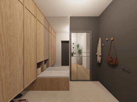 Przedpokój w stylu japandi z drewnianymi szafkami i minimalistycznym designem.