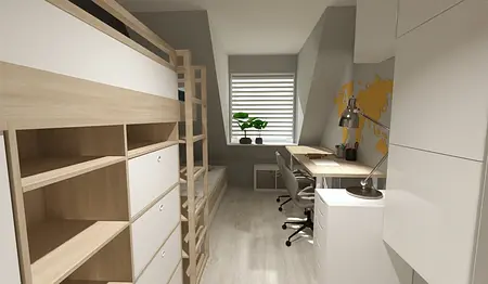 Pokój dziecięcy z łóżkiem piętrowym, biurkiem i rośliną