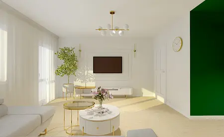 Wnętrze salonu z jasnymi meblami, zieloną ścianą i rośliną.