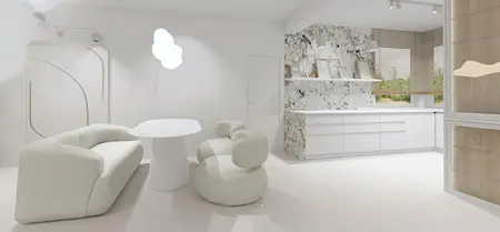 Nowoczesne wnętrze w stylu boho i japandi z białą sofą i marmurowym blatem.