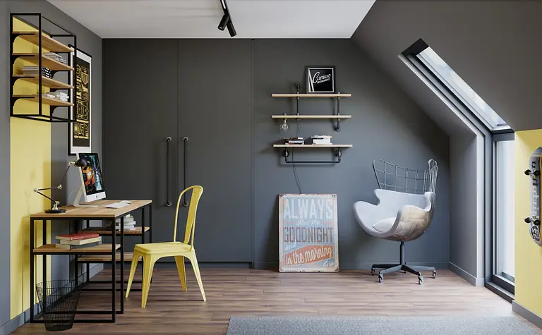 Gabinet z jasnymi meblami, minimalistycznym designem oraz dużym oknem.