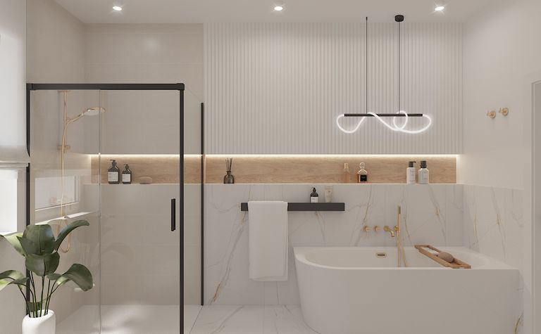 Nowoczesna łazienka z wanną, kabiną prysznicową i rośliną w doniczce. Styl minimaluxe, quiet luxury.