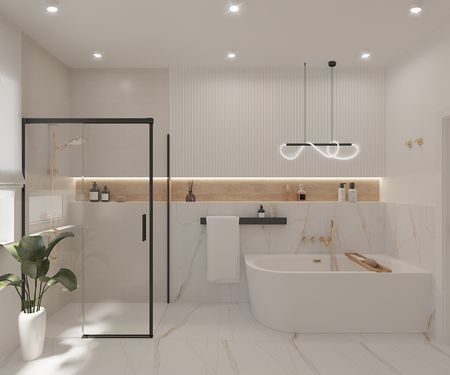 Nowoczesna łazienka z wanną, kabiną prysznicową i rośliną w doniczce. Styl minimaluxe, quiet luxury.
