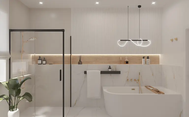 Nowoczesna łazienka z wanną, kabiną prysznicową i rośliną w doniczce. Styl minimaluxe, quiet luxury.
