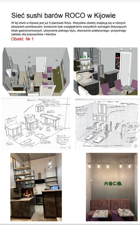 Wnętrze restauracji z fioletowymi krzesłami i drewnianym blatem, styl soft minimalizm.