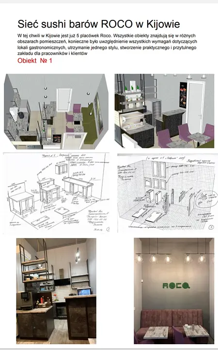 Wnętrze restauracji z fioletowymi krzesłami i drewnianym blatem, styl soft minimalizm.