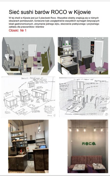 Wnętrze restauracji z fioletowymi krzesłami i drewnianym blatem, styl soft minimalizm.