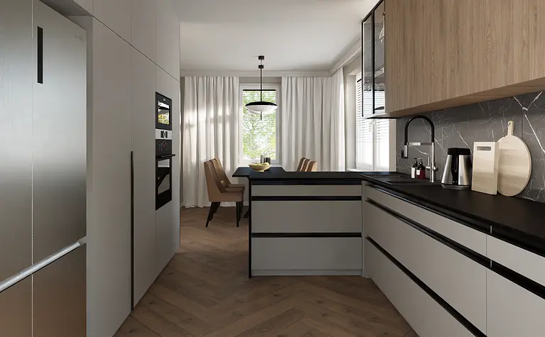Nowoczesna kuchnia minimalistyczna z drewnianymi meblami i czarnym blatem