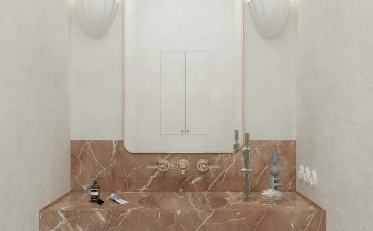 Wnętrze łazienki z marmurową umywalką, lustrem i elementami art deco, minimaluxe, quiet luxury.