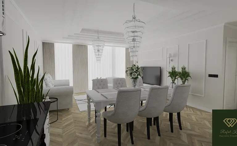 Wnętrze jadalni w stylu glamour z białym stołem, szarymi krzesłami i dekoracjami