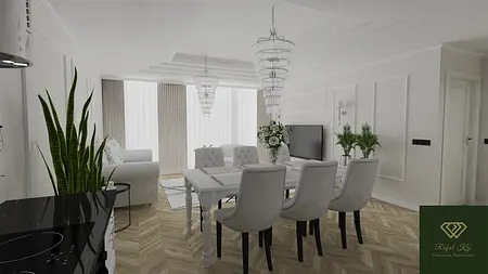 Wnętrze jadalni w stylu glamour z białym stołem, szarymi krzesłami i dekoracjami