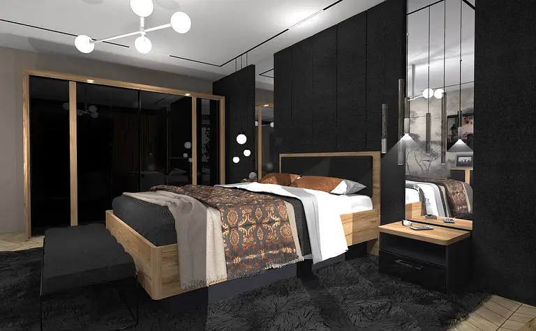 Wnętrze sypialni z drewnianymi meblami i ciemnymi akcentami w stylu dopamine decor i industrialnym