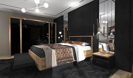 Wnętrze sypialni z drewnianymi meblami i ciemnymi akcentami w stylu dopamine decor i industrialnym