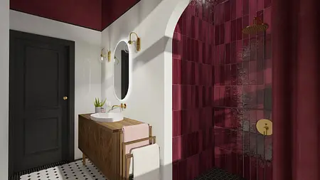 Wnętrze łazienki z szafką, czerwoną glazurą i minimalistycznymi akcentami art deco