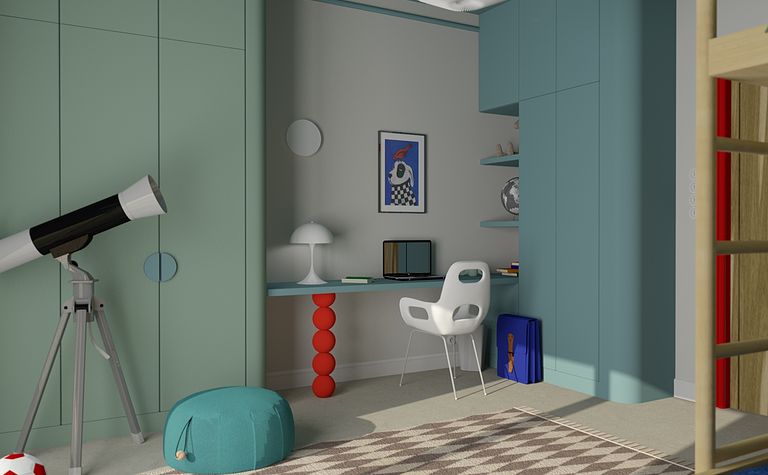 Pokój dziecięcy z nowoczesnym biurkiem, teleskopem i kolorowymi akcentami