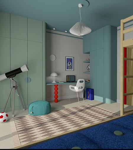 Pokój dziecięcy z nowoczesnym biurkiem, teleskopem i kolorowymi akcentami