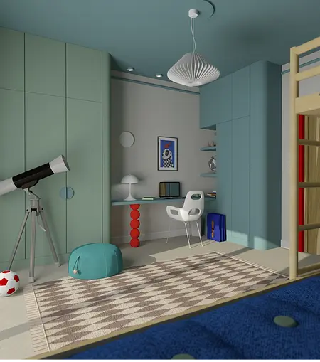Pokój dziecięcy z nowoczesnym biurkiem, teleskopem i kolorowymi akcentami