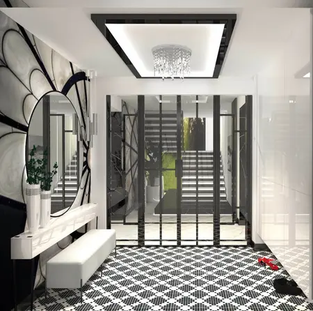 Przedpokój w stylu art deco i glamour z czarną podłogą i dużym lustrem.