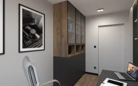 Wnętrze gabinetu w stylu nowoczesnym i soft minimalizm z drewnianymi elementami.