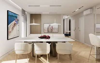 Wnętrze jadalni w stylu minimaluxe z jasnym stołem i krzesłami.