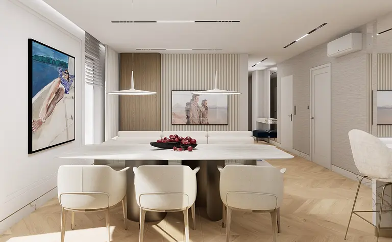 Wnętrze jadalni w stylu minimaluxe z jasnym stołem i krzesłami.