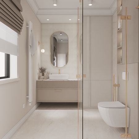 Wnętrze łazienki w stylu minimaluxe z nowoczesnymi elementami i złotymi akcentami.