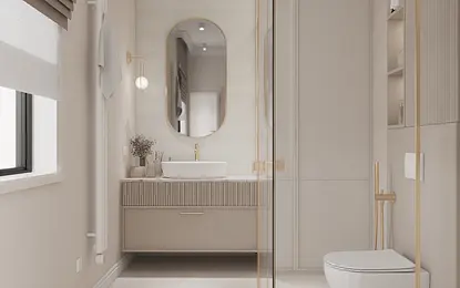 Wnętrze łazienki w stylu minimaluxe z nowoczesnymi elementami i złotymi akcentami.