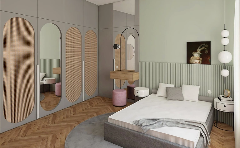 Wnętrze sypialni z szarymi meblami i akcentami dopamine decor.