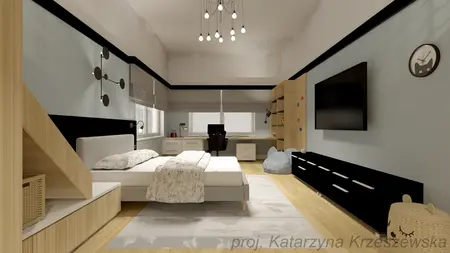 Nowoczesny pokój z biurkiem, łóżkiem i szafkami