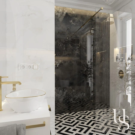 Nowoczesna łazienka w stylu art deco, glamour i quiet luxury z eleganckimi akcentami.