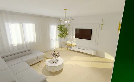 Współczesny salon z szarymi meblami, białymi ścianami i rośliną.