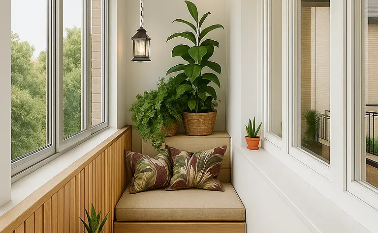 Przytulny balkon z roślinami, drewnianą ławką i lampą w stylu industrialnym.