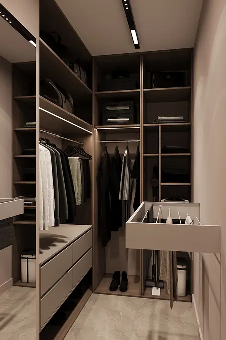 Garderoba minimalistyczna z drewnianymi półkami i nowoczesnym oświetleniem.