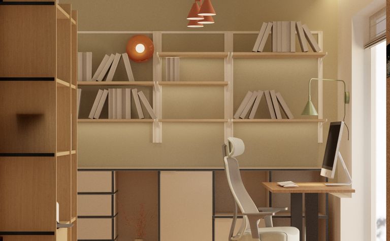 Gabinet w stylu dopamine decor, minimalistyczny i nowoczesny z biurkiem i regałem.