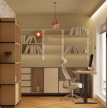 Gabinet w stylu dopamine decor, minimalistyczny i nowoczesny z biurkiem i regałem.