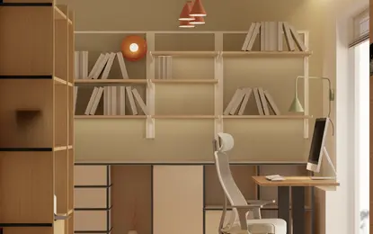 Gabinet w stylu dopamine decor, minimalistyczny i nowoczesny z biurkiem i regałem.