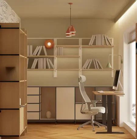 Gabinet w stylu dopamine decor, minimalistyczny i nowoczesny z biurkiem i regałem.