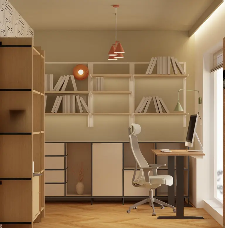 Gabinet w stylu dopamine decor, minimalistyczny i nowoczesny z biurkiem i regałem.