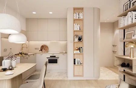 Wnętrze kuchni w stylu boho, japandi i minimalistycznym z beżowymi meblami