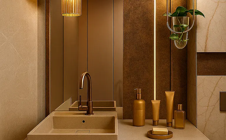 Nowoczesna łazienka z brązowymi i złotymi detalami w stylu glamour i minimalistycznym.