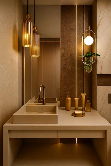 Nowoczesna łazienka z brązowymi i złotymi detalami w stylu glamour i minimalistycznym.