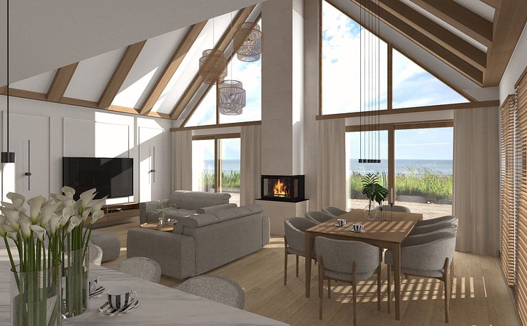 Wnętrze salonu w stylu japandi i minimalistycznym z kominkiem.