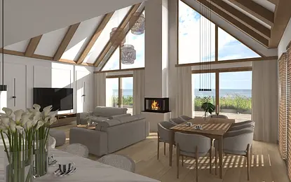 Wnętrze salonu w stylu japandi i minimalistycznym z kominkiem.